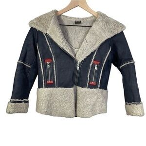 Autunno Kid’s Suede Sheepskin Jacket Size 8-10 Color Navy Blue/Off White